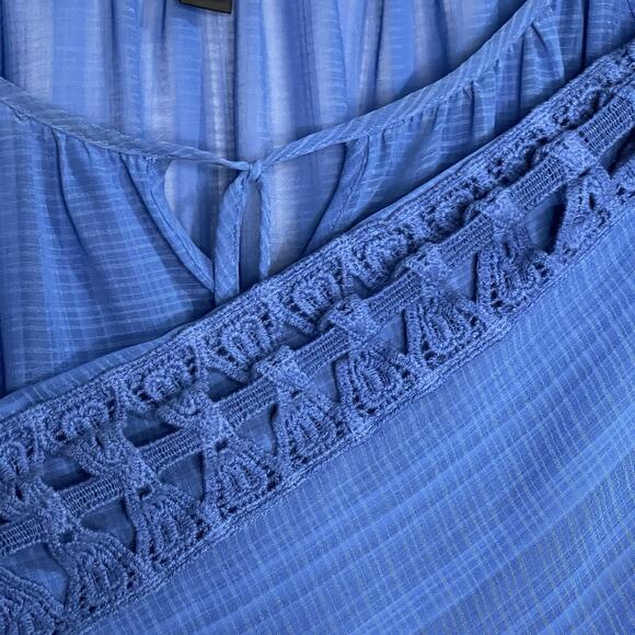 Alyx Peasant Blouse Blue Sheer Flowy Crochet Trim Quarter Sleeves Size Large - Picture 4 of 8